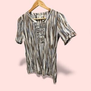 Cute vintage 90s flowy brush strokes ruched collar top Liz Claiborne earthy